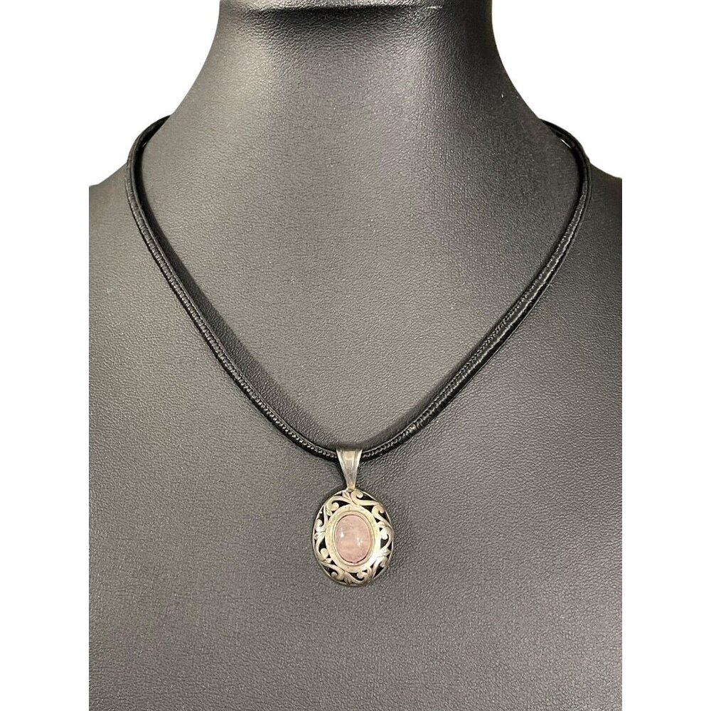 Jezlaine Rose Quartz Sterling Silver 925 Pendant Necklace on‎ Black Cord Vintage